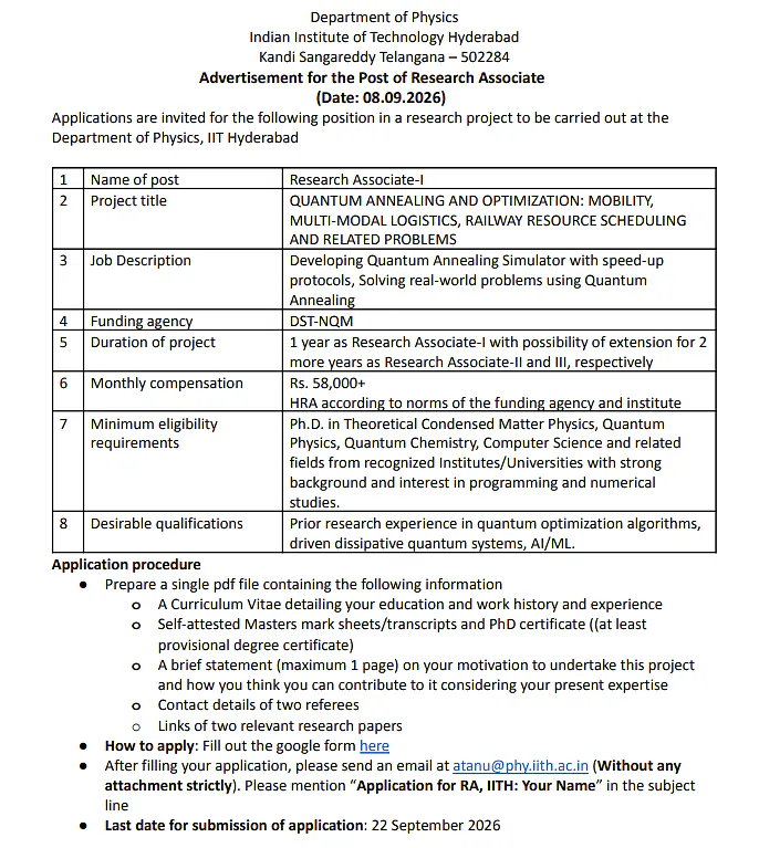 Research Associate-I Recruitment 2026 at IIT Hyderabad – Quantum Annealing & Optimization Project
