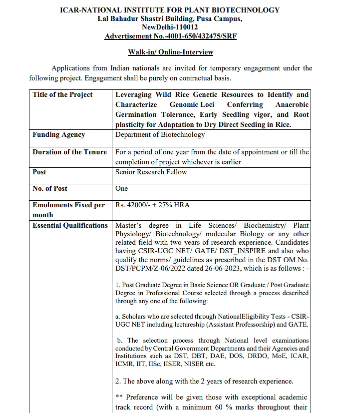 Online Interview: Senior Research Fellow (SRF) Opening at ICAR-NIPB, New Delhi