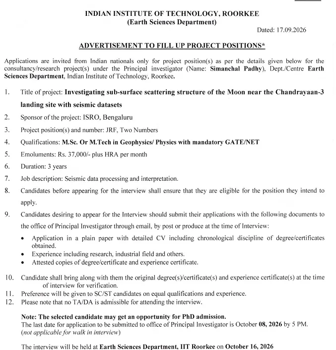 Junior Research Fellow (JRF) Recruitment 2026 at IIT Roorkee – ISRO Sponsored Lunar Seismology Research Project