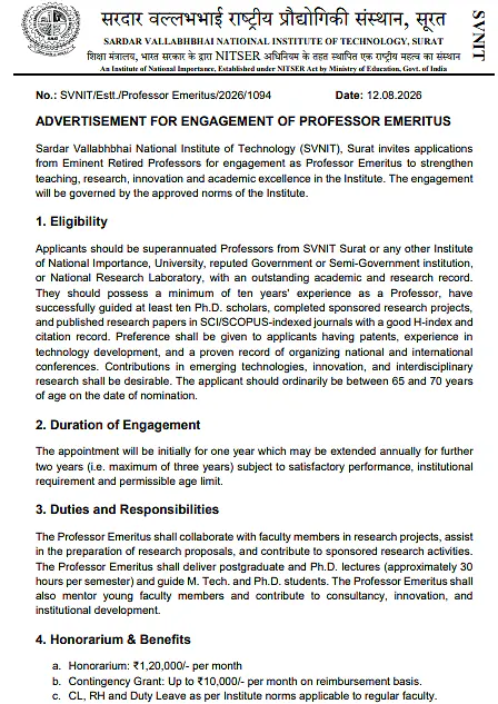 SVNIT Surat Professor Emeritus Recruitment 2026: Applications Invited