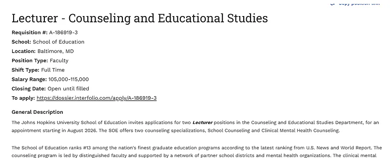 Johns Hopkins University Recruitment 2026: Lecturer Positions in Counseling and Educational Studies