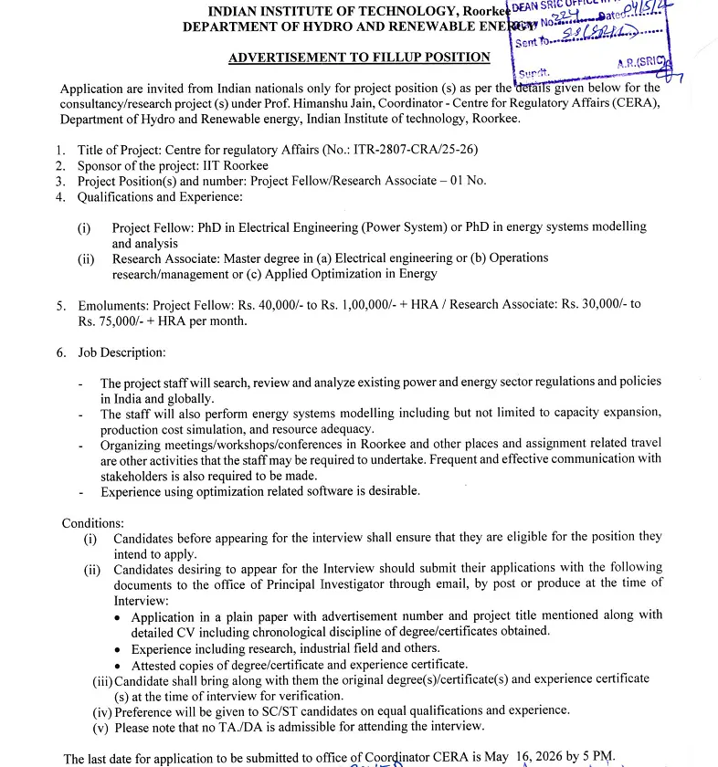  IIT Roorkee Recruitment 2026 -  Project Fellow / Research Associate Posts