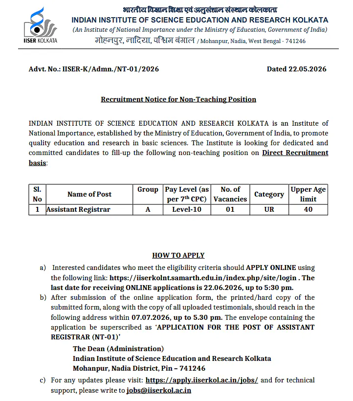  IISER Kolkata Recruitment 2026