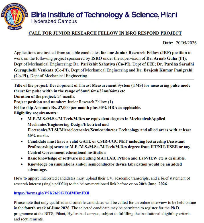 Junior Research Fellow (JRF) Recruitment 2026 – BITS Pilani Hyderabad Campus (ISRO RESPOND Project)