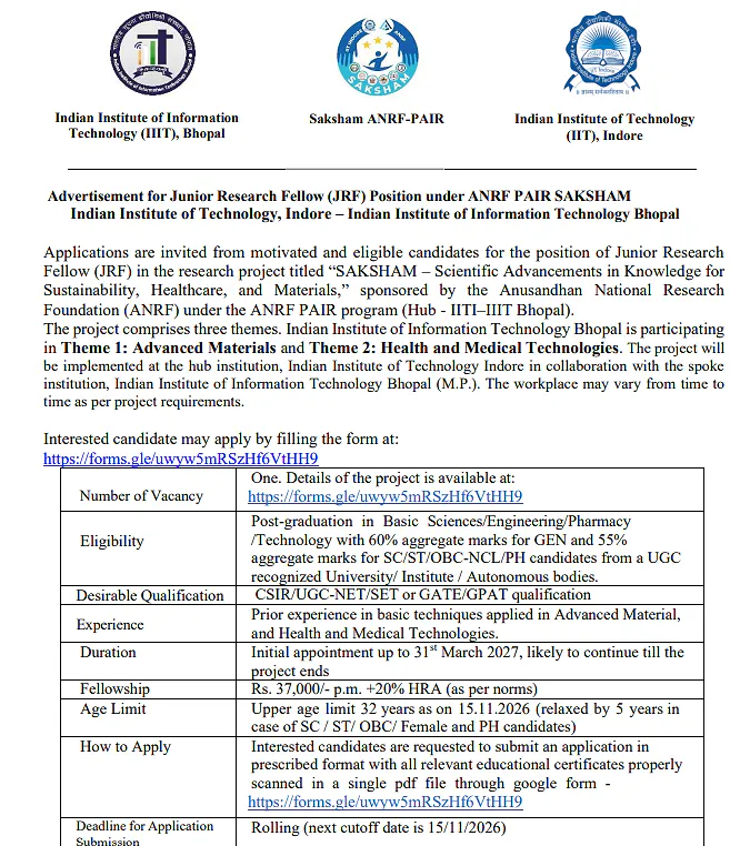 IIIT Bhopal Junior Research Fellow (JRF) Recruitment 2026 – ANRF PAIR SAKSHAM Project
