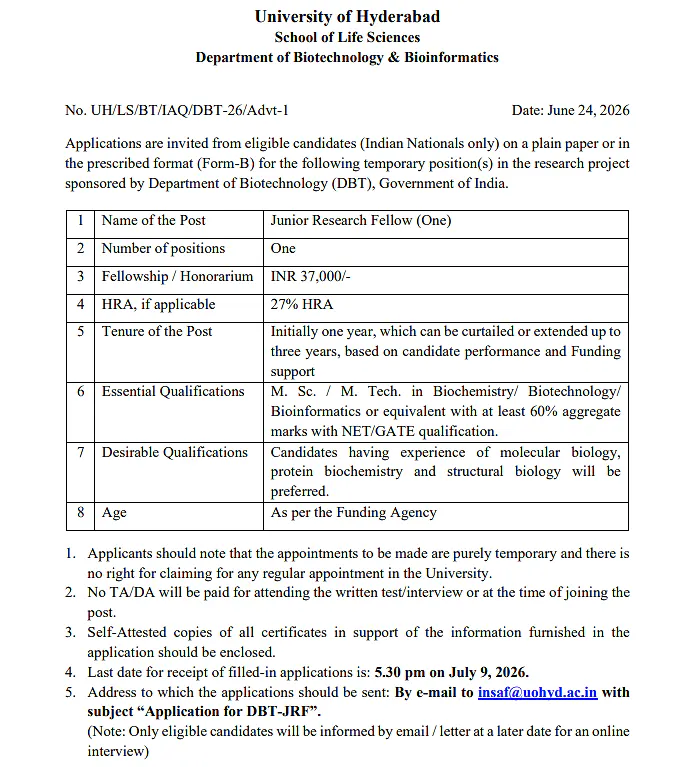 University of Hyderabad Recruitment 2026 | Junior Research Fellow (JRF) under DBT-Sponsored Project