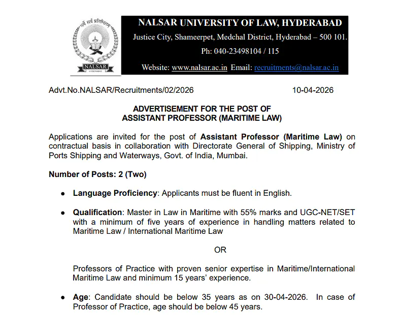 Faculty Recruitment 2026: NALSAR University of Law, Hyderabad