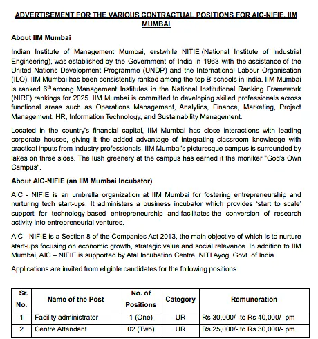 IIM Mumbai Recruitment 2026 – Faculty Administrator and Centre Attendant Vacancies at AIC-NIFIE