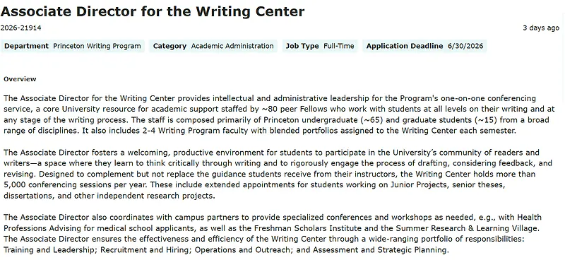Princeton University Recruitment 2026 - Associate Director for the Writing Center