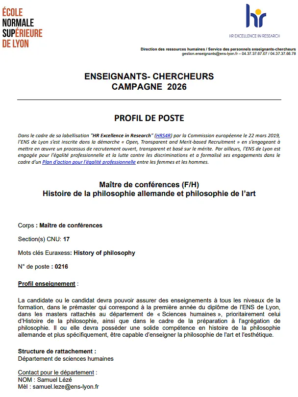 ENS de Lyon Faculty Recruitment 2026: Philosophy Position