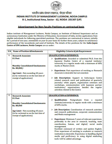 IIM Lucknow Noida Campus Recruitment 2026: Research Associate Positions