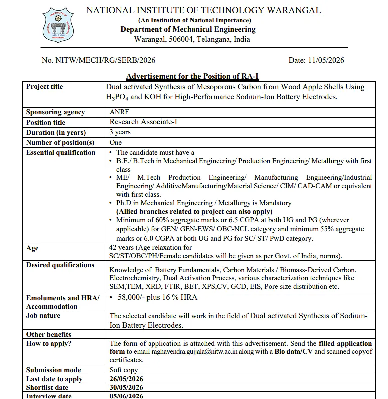 NIT Warangal Recruitment 2026: Research Associate-I