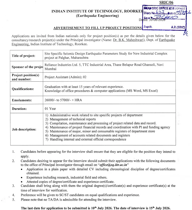 IIT Roorkee Recruitment 2026: Project Assistant (Admin) – 2 Positions