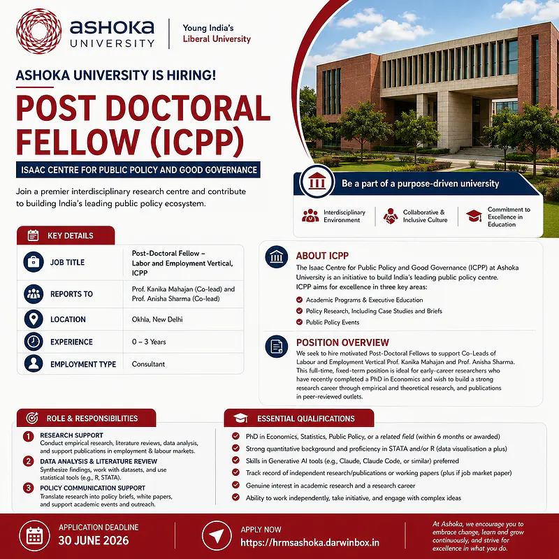 Ashoka University Invites Applications for Post-Doctoral Fellow Position at Isaac Centre for Public Policy (ICPP)