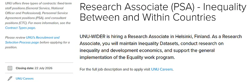 Research Associate (PSA) – Inequality Between and Within Countries at UNU-WIDER, Finland
