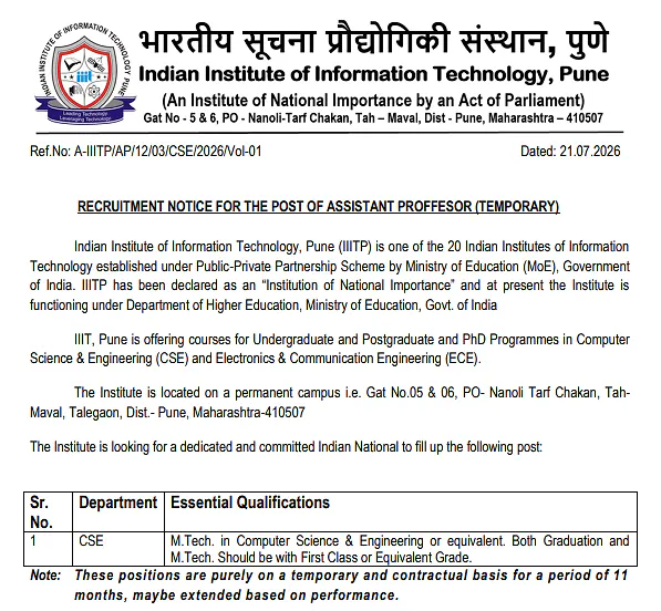 IIIT Pune Assistant Professor Recruitment 2026