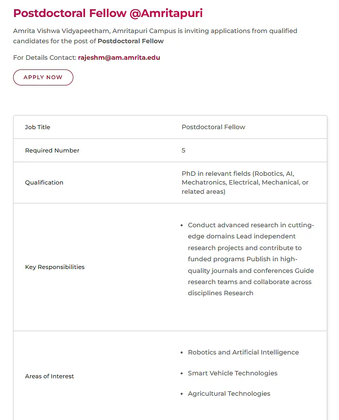 Postdoctoral Fellow Recruitment 2026 at Amrita Vishwa Vidyapeetham – Amritapuri Campus
