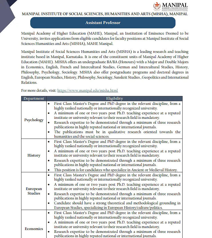 Manipal Institute of Social Sciences, Humanities and Arts (MISHA) Recruitment 2026