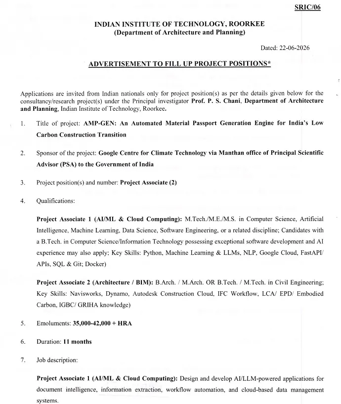 IIT Roorkee Recruitment 2026 | Project Associate Vacancies under Google Centre for Climate Technology Project