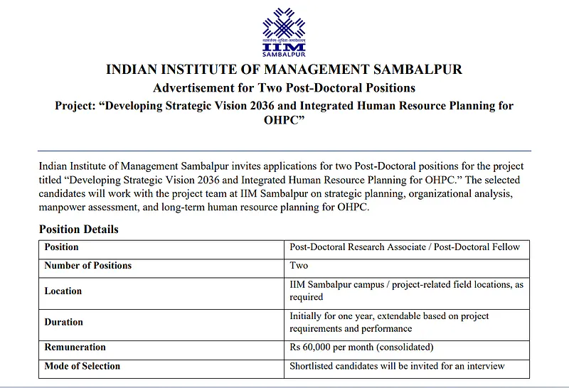 IIM Sambalpur Invites Applications for Two Post-Doctoral Positions
