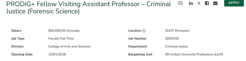 PRODiG+ Fellow / Visiting Assistant Professor – Criminal Justice (Forensic Science) – SUNY Brockport
