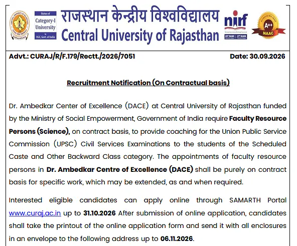 Faculty Resource Person (Science) Recruitment 2026 – Central University of Rajasthan