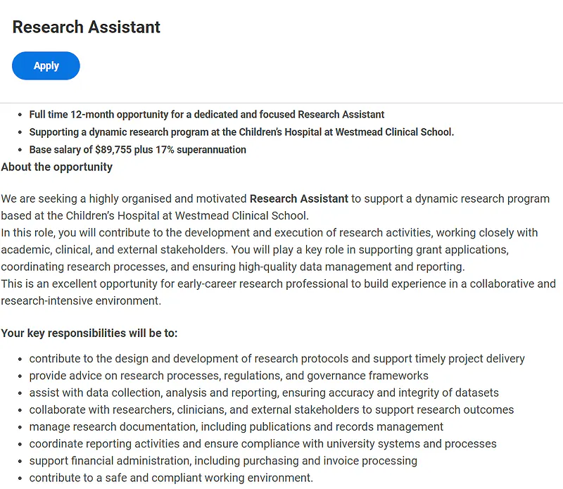 University of Sydney Recruitment 2026 -   Research Assistant Position 