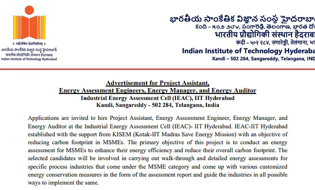 Project Staff Recruitment 2026 at IIT Hyderabad – Industrial Energy Assessment Cell