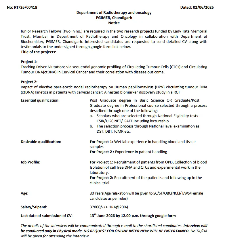 PGIMER Chandigarh JRF Recruitment 2026 – Junior Research Fellow Positions 