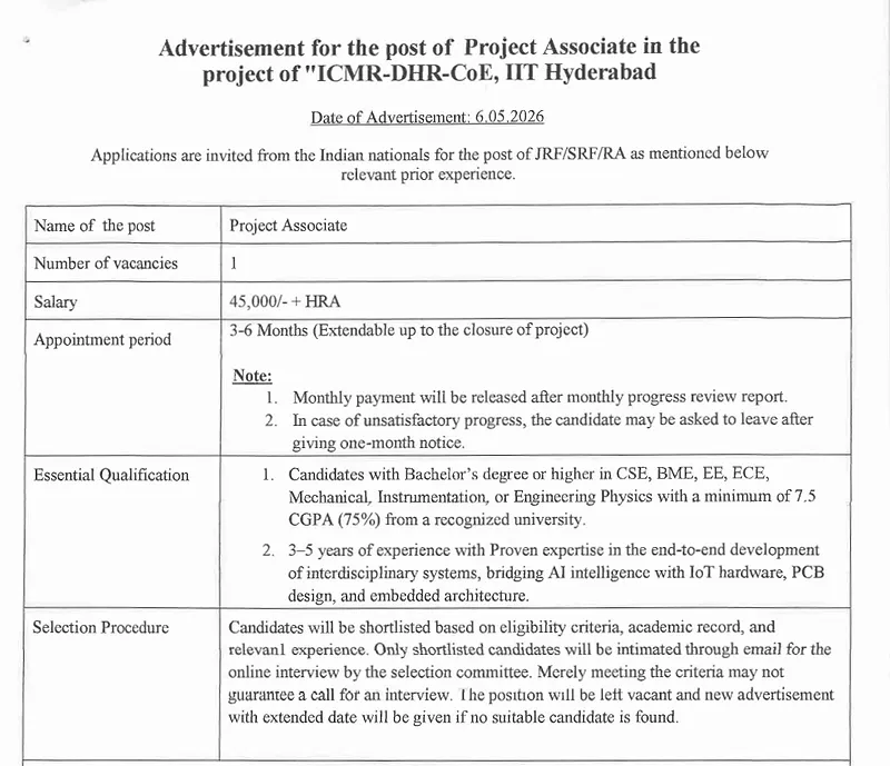 IIT Hyderabad Project Associate Recruitment 2026 | Apply for ICMR-DHR-CoE Project