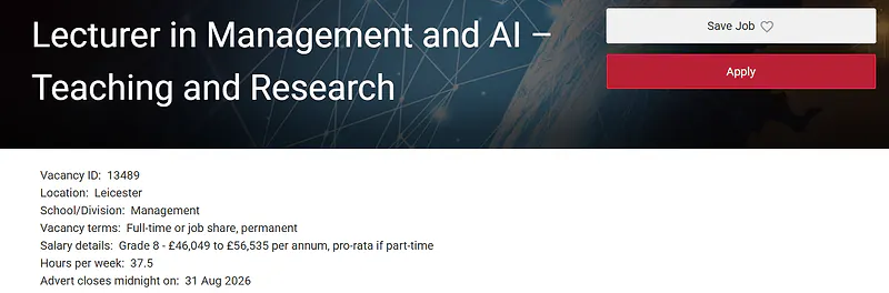 University of Leicester Recruitment 2026: Lecturer in Management and AI – Teaching and Research