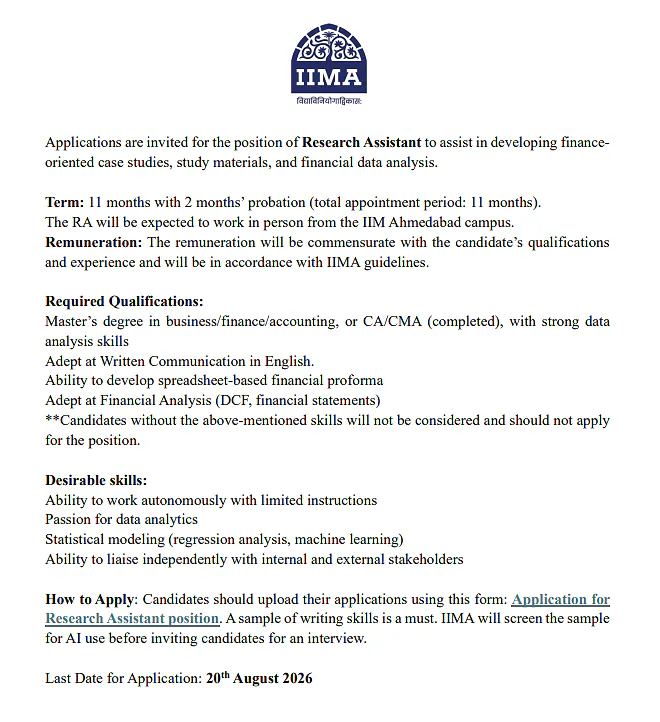 IIM Ahmedabad Research Assistant Recruitment 2026: Finance & Data Analysis