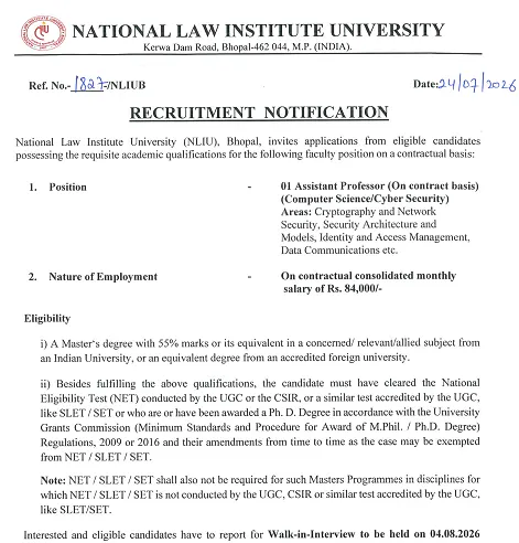 NLIU Bhopal Assistant Professor Recruitment 2026