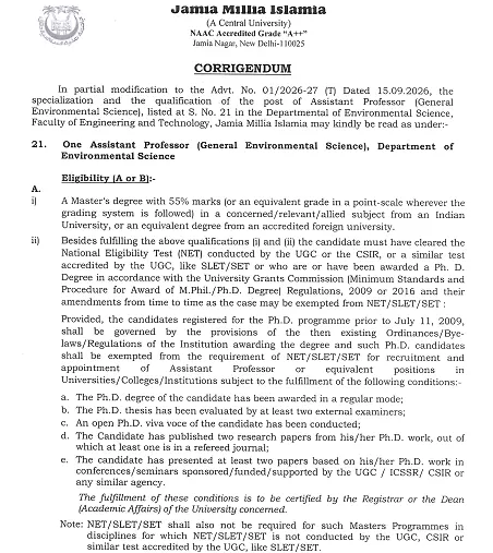 Assistant Professor (Environmental Science) Recruitment 2026 at Jamia Millia Islamia, New Delhi