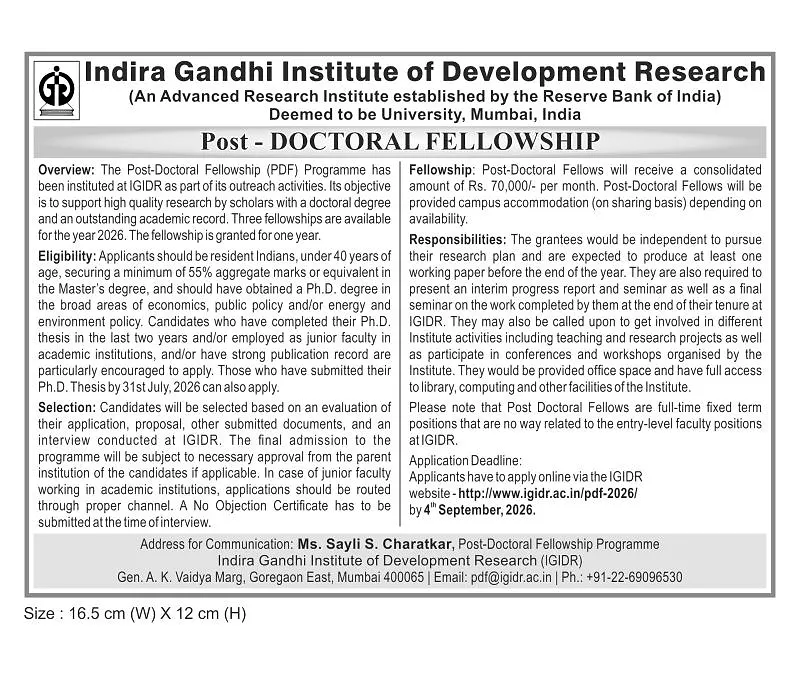 Post-Doctoral Fellowship (PDF) 2026 – Indira Gandhi Institute of Development Research (IGIDR)