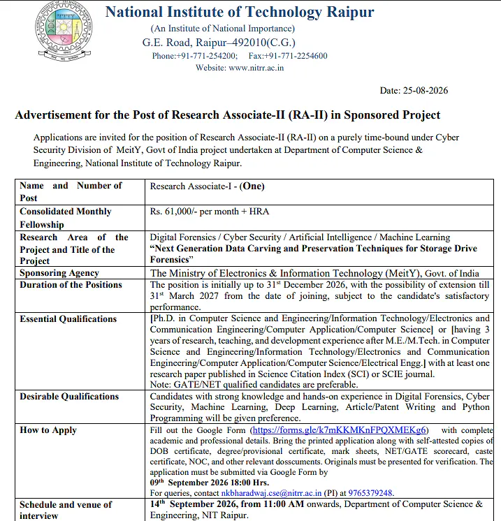Research Associate-II Recruitment 2026 at NIT Raipur – MeitY-Funded Cyber Security & Digital Forensics Project