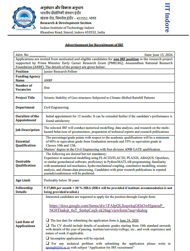 IIT Indore Recruitment 2026: Applications Invited for Junior Research Fellow (JRF) Position Under ANRF-PMERG Project