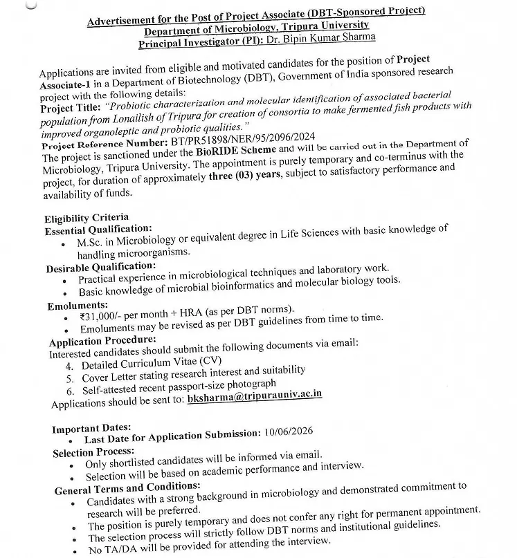  Tripura University Recruitment 2026