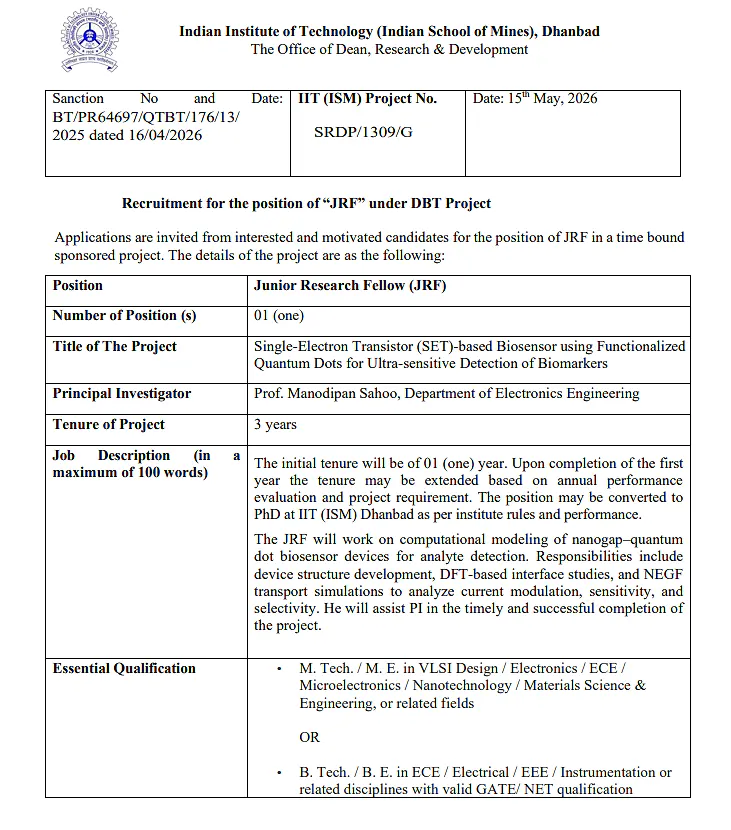 IIT (ISM) Dhanbad JRF Recruitment 2026 – Apply for ANRF and DBT Funded Research Projects