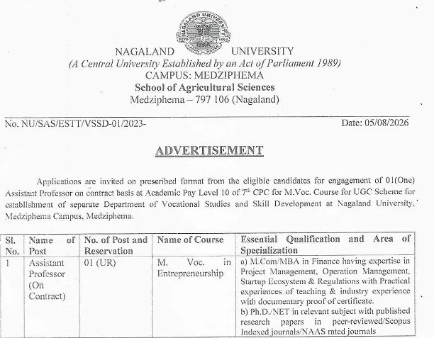 Nagaland University Recruitment 2026: Assistant Professor Vacancy