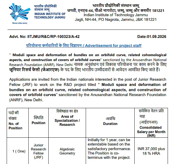 Junior Research Fellow Recruitment 2026 at IIT Jammu – ANRF Sponsored Research Project