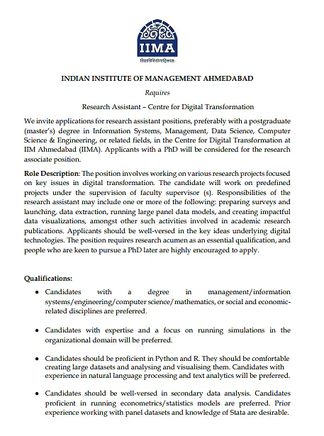 IIM Ahmedabad Recruitment 2026: Research Assistant – Centre for Digital Transformation | Apply Now