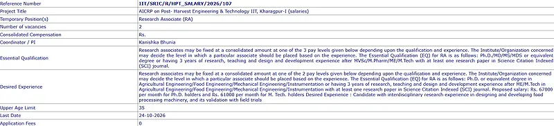 IIT Kharagpur Research Associate Recruitment 2026 – 2 Vacancies in Post-Harvest Engineering & Technology