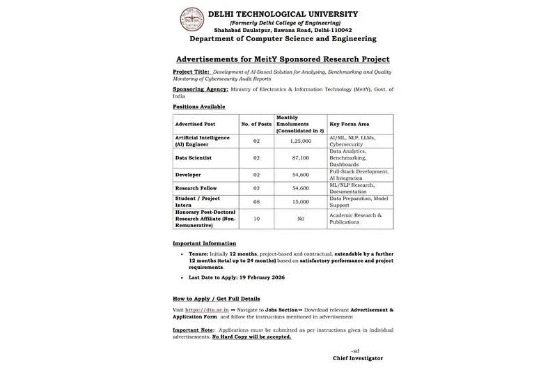 MeitY Sponsored Research Project Recruitment 2026 | Delhi Technological University (DTU)