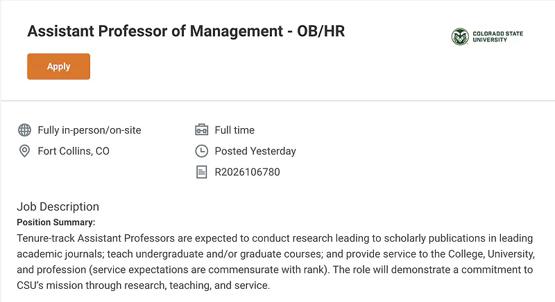 Assistant Professor of Management – Organizational Behavior / Human Resource Management – Colorado State University