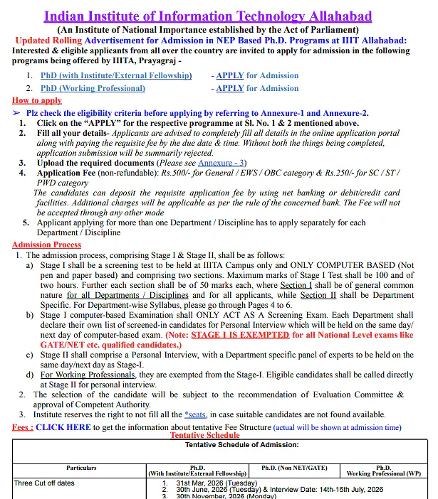 Ph.D. Admissions 2026 at IIIT Allahabad – NEP-Based Ph.D. Programmes