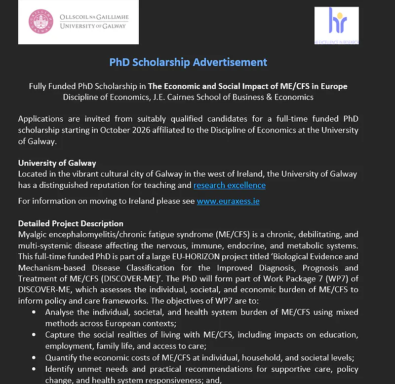 University of Galway Fully Funded PhD Scholarship 2026 in Economics: Economic and Social Impact of ME/CFS in Europe