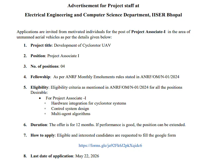 IISER Bhopal Recruitment 2026: Project Associate-I Positions