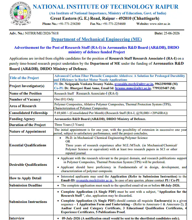 NIT Raipur Recruitment 2026 | Research Associate-I (RA-I) under DRDO AR&DB Funded Project