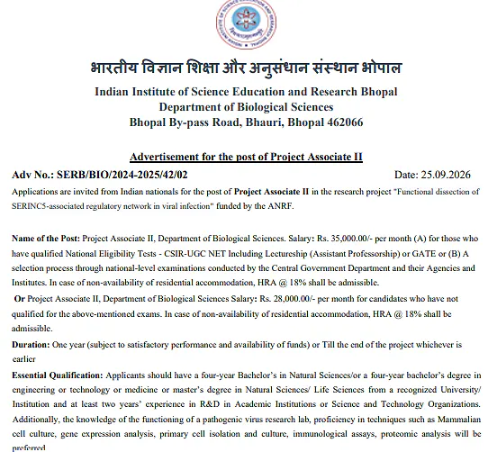 Project Associate II Recruitment 2026 at IISER Bhopal – Biological Sciences